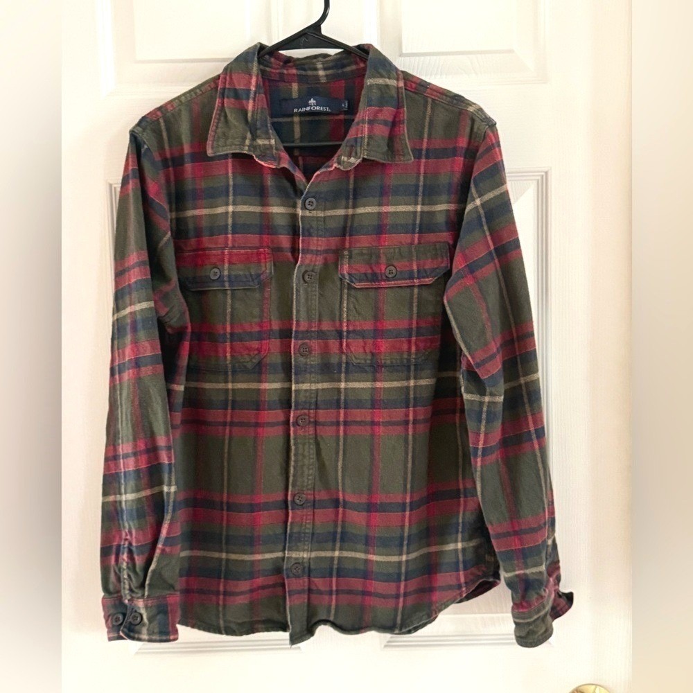 Rainforest Mens Plaid Flannel Shirt Long Sleeve Cotton Olive Red Blue Large